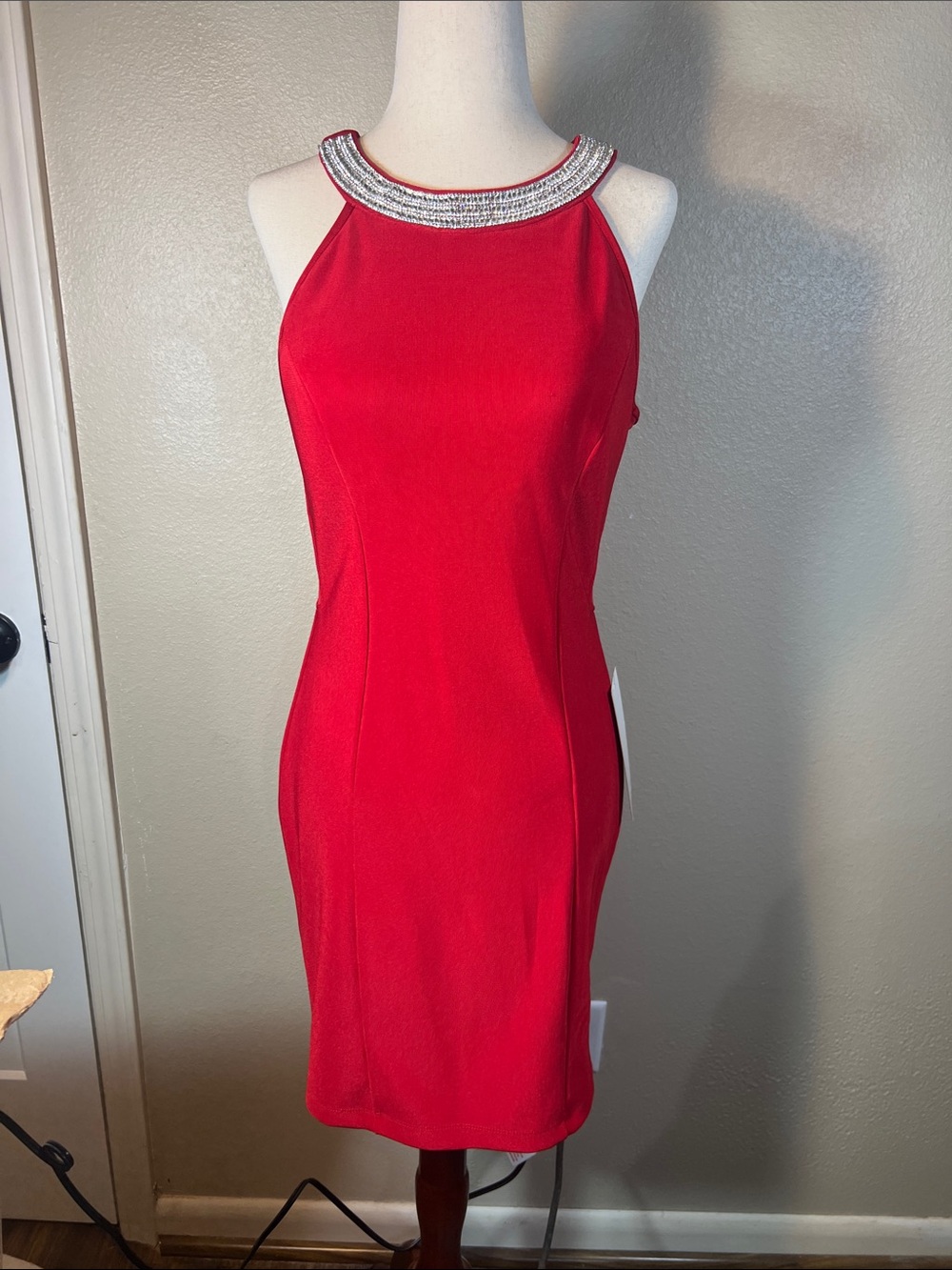 Honey and Rosie Red Embellished-Neck Halter Mini Dress